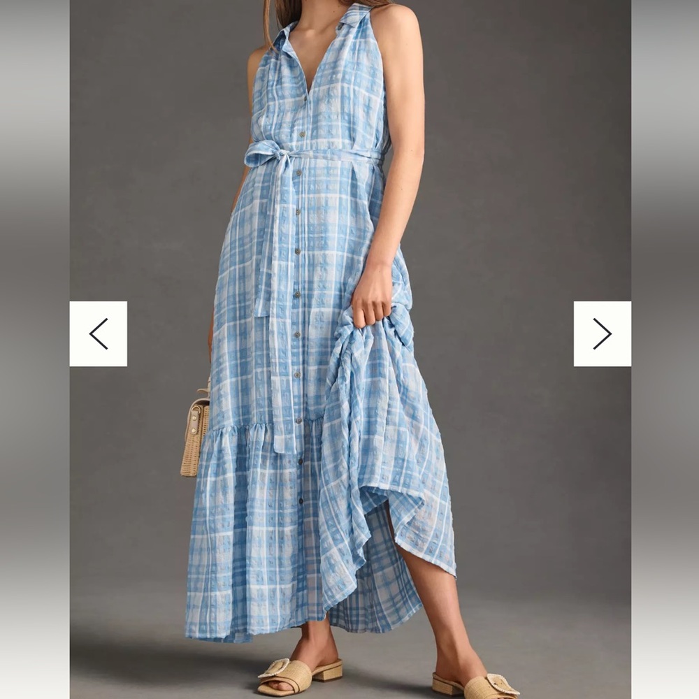 Anthropologie Small Blue Sleeveless Buttondown Shirt Collared Maxi Dress